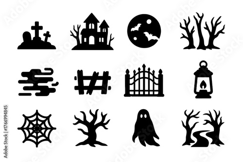 Spooky Haunted Icons. Solid style icons of Haunted environment: graveyard, haunted house, full moon, creepy forest, fog, broken
