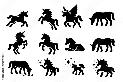 Unicorn Behavior Icons. Solid style icons of Unicorn behavior: running, jumping, flying, grazing, rearing, prancing, resting,