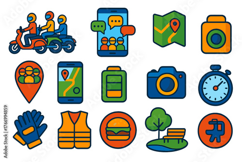 Group Ride Icons. Isometric vector illustration set Group Ride Icons: multiple scooters, riders with helmets, group chat app, map
