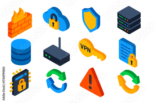 Network Security Icons. Isometric vector illustration set Network Protection Icons: firewall, cloud with padlock, shield icon,