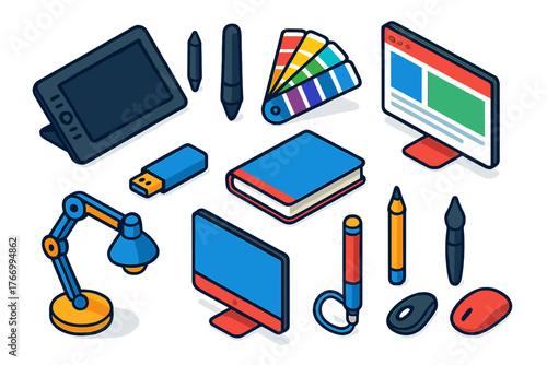 Design Tools Icons. Isometric vector illustration set design tools for graphic designers and creatives: drawing screen tablet,