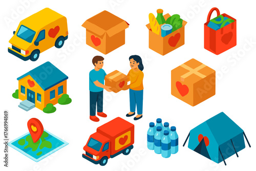 Charity Delivery Icons. Isometric vector illustration set delivery and shipping: charity delivery van, donation box, food parcel,