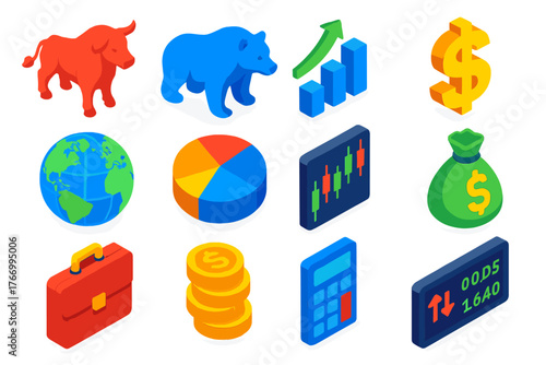 Global Market Icons. Isometric vector illustration set Global Market Icons: bull, bear, growth chart, dollar sign, globe, pie