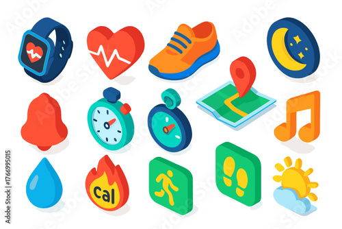 Activity Tracking Icons. Isometric vector illustration set Activity Tracking Icons: smartwatch, heart rate, sneaker, night mode,