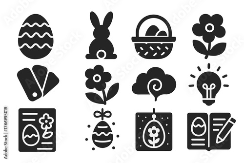 Easter Icons Collection. Solid style icons of Easter inspiration: egg sketch, bunny drawing, basket plan, floral pattern, pastel