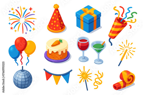 Festive Celebration Icons. Isometric vector illustration set celebration elements: sparkling finale fireworks, sequin party hat,