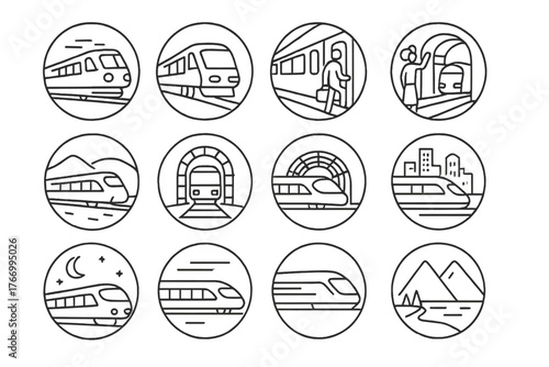 Rail Travel Icons. Line style icons of rail travel moments in round shape: train departing, train arriving, boarding scene, waving