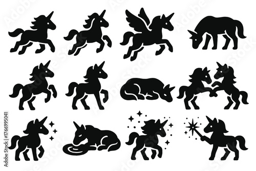 Unicorn Behavior Icons. Solid style icons of Unicorn behavior: running, jumping, flying, grazing, rearing, prancing, resting,