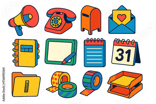 Vibrant Office Icons. Isometric vector illustration set communication and organization: megaphone with speech bubble, dial phone,
