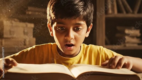 Curious boy reading a large book with a look of wonder, surrounded by magical light and dust, symbolizing imagination, learning, and discovery.
