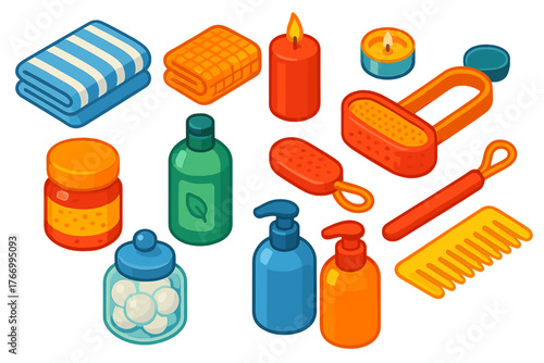 Spa Essentials Icons. Isometric vector illustration set featuring towel, candle, and bath supplies: striped bath towel, waffle