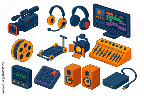 Editing Tools Icons. Isometric vector illustration set Video and Audio Editing Tools: broadcast ENG rig, headset mic, over-ear