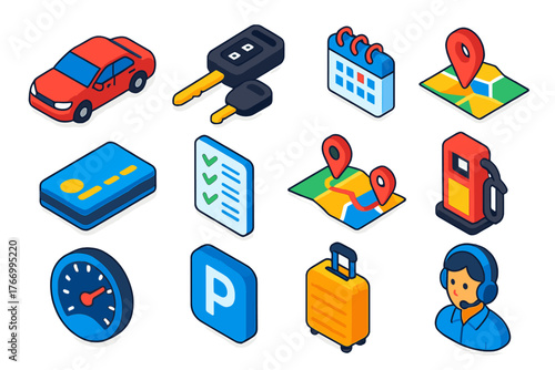 Vehicle Booking Icons. Isometric vector illustration set Vehicle Booking Icons: car, car key, calendar, map location, payment card