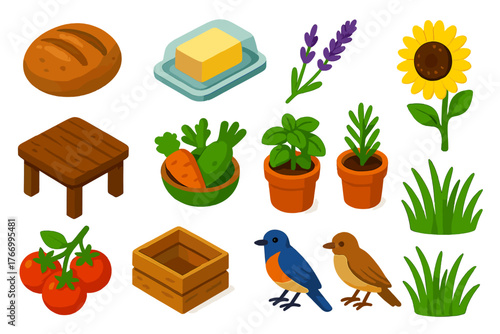 Rustic Food and Nature. Isometric vector illustration set featuring food and nature: loaf of rustic bread, butter dish, honey jar,