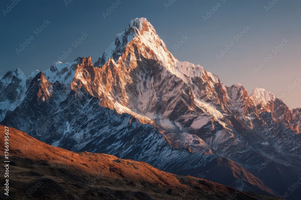 Obraz premium Majestic snow-covered mountains with sharp peaks illuminated by sunlight, showcasing a stunning contrast between rocky terrain and warm grassy slopes under a clear, serene sky