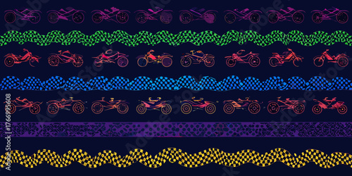 Collection of vintage motorcycles and decorative borders in vibrant colors on a dark background