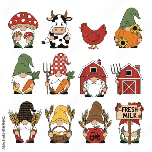 Collection of cute cartoon farm gnomes and animals with barns and mushrooms for childrens designs