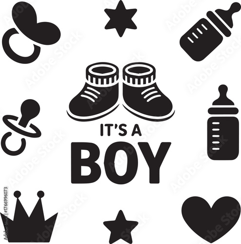 Nursery Room Art: Black & White Baby Accessories Silhouette with 'It's a Boy' Typography