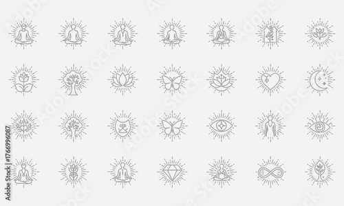 Collection of Spiritual and Holistic Symbols for Wellness, Meditation, and Yoga Practices