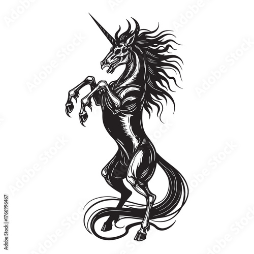 Powerful majestic unicorn rearing up on hind legs with flowing mane and tail in dramatic black and white illustration