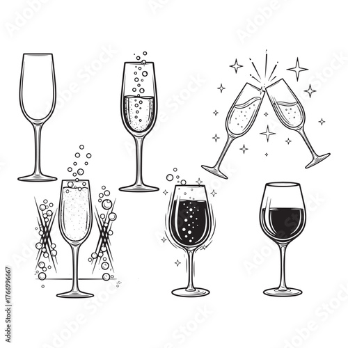 Collection of hand drawn sketch style wine glasses and champagne flutes for celebration and toasting