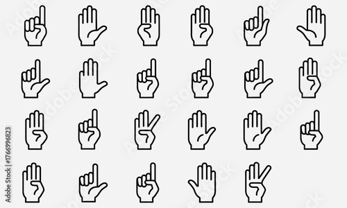 Set of diverse vector line icons depicting hand gestures for counting numbers from zero to five, ideal for user interface design, educational materials, and infographics