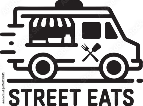 Monochrome Food Truck Logo Vector: Street Eats & Mobile Kitchen Black and White Emblem