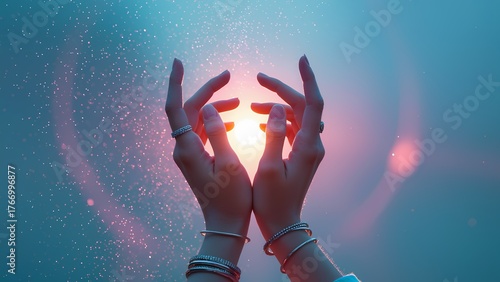 Elegant hands holding glowing light sphere, magical energy concept, sparkling particles on blue gradient background with copy space