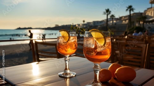Relaxing at sunset with refreshing drinks overlooking the beach in a coastal town