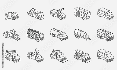 Isometric outline vehicle icon set featuring airport ground support equipment, logistics transport, and utility service trucks. Modern vector illustrations