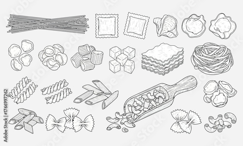 Wallpaper Mural Variety of dry pasta shapes and types, artistic line drawing illustration Torontodigital.ca