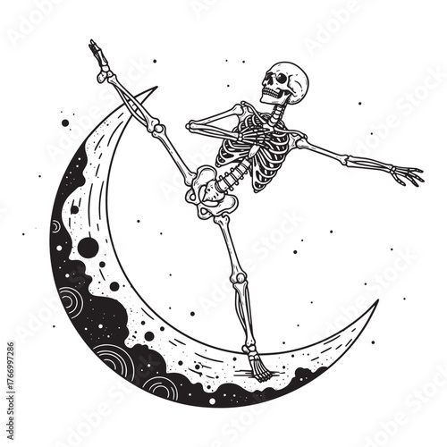 Artistic skeleton dancer gracefully poses on crescent moon amidst starry night sky