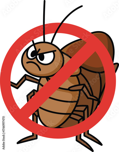 Cartoon cockroach with prohibition symbol, pest control icon, angry bug illustration, no roach graphic, extermination warning art pack