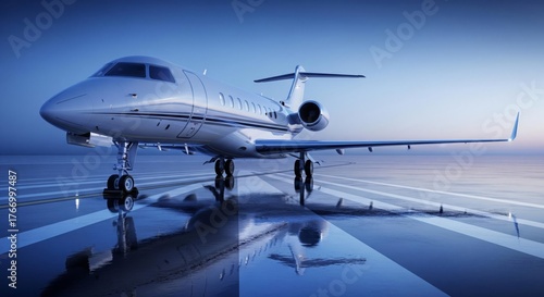 Sleek private jet parked on a reflective runway, bathed in cool blue light.