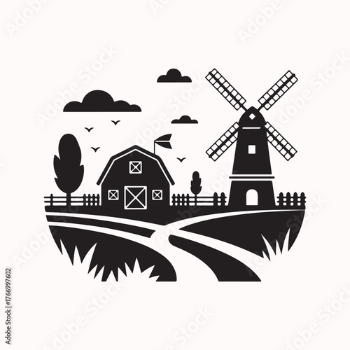 Countryside farming scene with barn, windmill, trees, and fields, representing rural life and agriculture