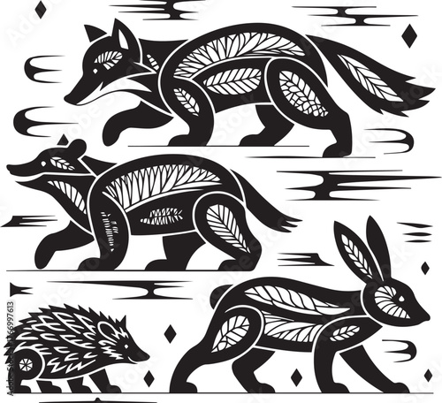 Monochrome Forest Wildlife Illustration Bundle: Tribal Style Animal Silhouettes for Tattoos