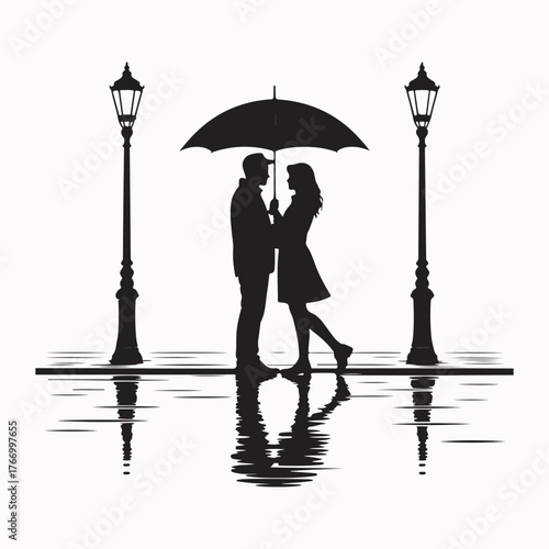 A romantic silhouette of a couple in love embracing under an umbrella on a rainy street with streetlamp reflections