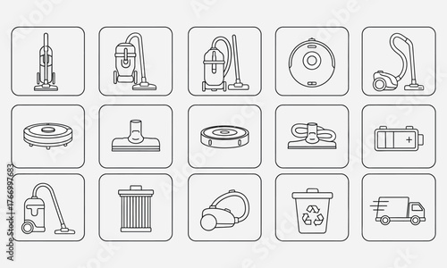 Collection of Line Icons Representing Various Cleaning Appliances and Accessories
