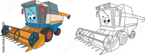 Cartoon combine harvester illustration, colored and outline versions, farming vehicle for kids, agricultural machine art, educational tractor graphic