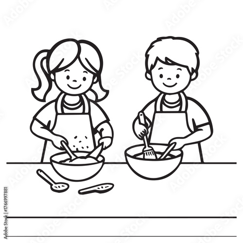Two happy children wearing aprons a boy and a girl enthusiastically mixing ingredients in bowls with spoons and whisks for baking or cooking together