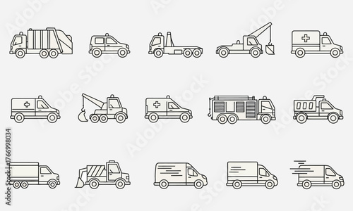 Comprehensive Collection of Outline Icons Featuring Essential Emergency and Public Service Vehicles for Urban Infrastructure and Logistics