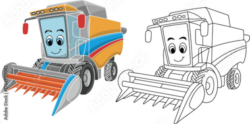Cartoon combine harvester illustration, colored and outline versions, smiling farm machine, kids agricultural art, harvest vehicle for coloring