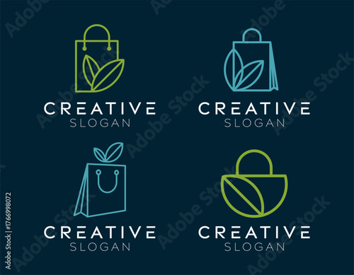 Set of shopping bags with leaf logo design templates. Modern isolated shopping bags with leaf design for retailing natural products and healthy food items.