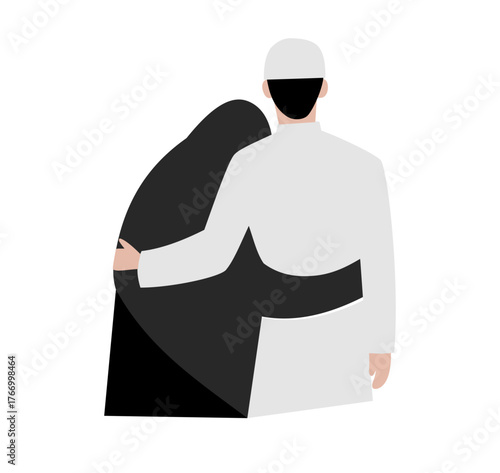 Back View of Muslim Couple Hug Illustration