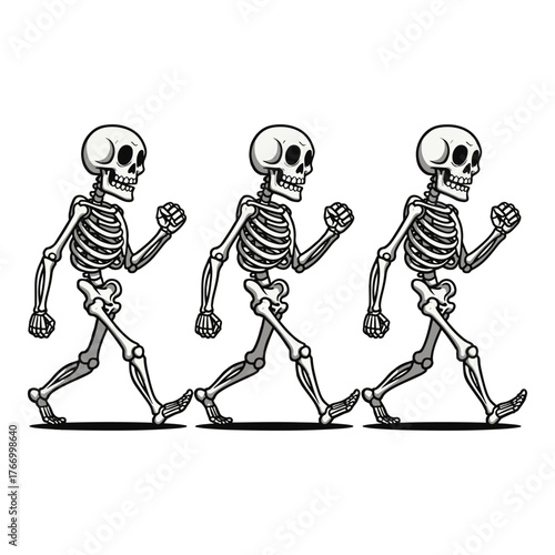 Three marching skeletons in a row with arms pumping in a stylized black and white illustration