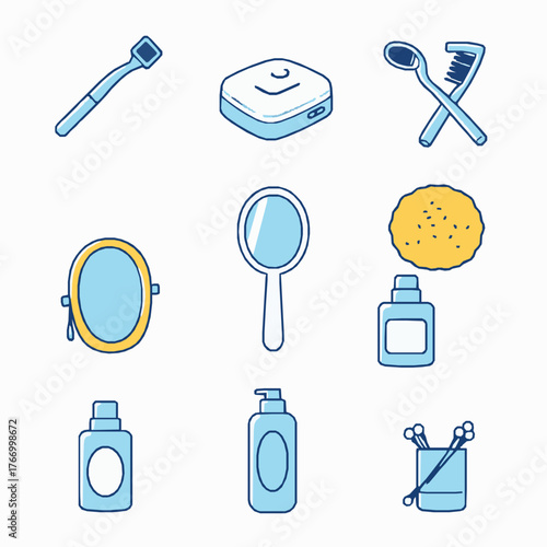 Assortment of Bathroom and Personal Grooming Tools and Products in a Simple Outline Style Keywords: toothbrush, toothpaste, comb, hairbrush, razor, shaving, soap, powder compact, mirror, hand