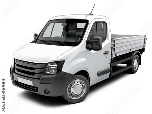 Modern fictional white compact dropside flatbed truck front left side corner angle view, isolated on white or transparent background
