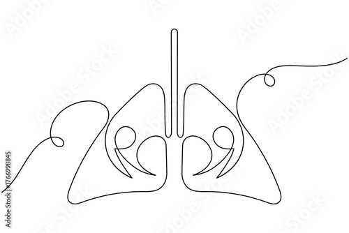 Human lung continuous one line drawing on white background minimalist medical outline vector illustration