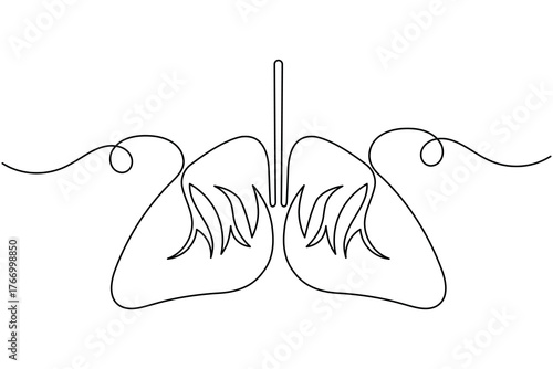 Human lung continuous one line drawing on white background minimalist medical outline vector illustration