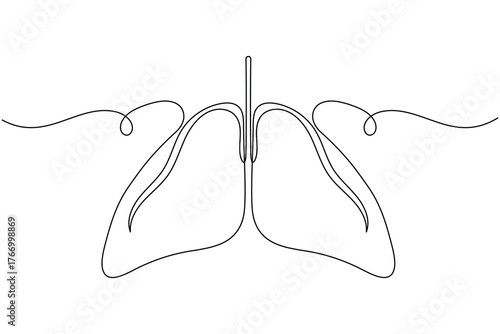 Human lung continuous one line drawing on white background minimalist medical outline vector illustration